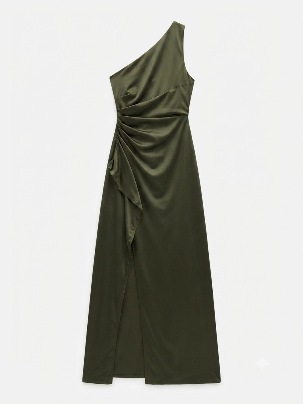 Olive Green One Shoulder Ruched Maxi Dress Slit Formal Size S Gala Wedding Guest